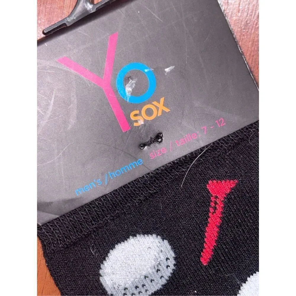 NEW WITH TAGS Yo Sox Black with Golf Balls and Tees Design Men's Crew Socks Size